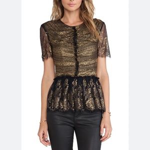 Marchesa Voyage Lace Ruffle Top in Black Gold